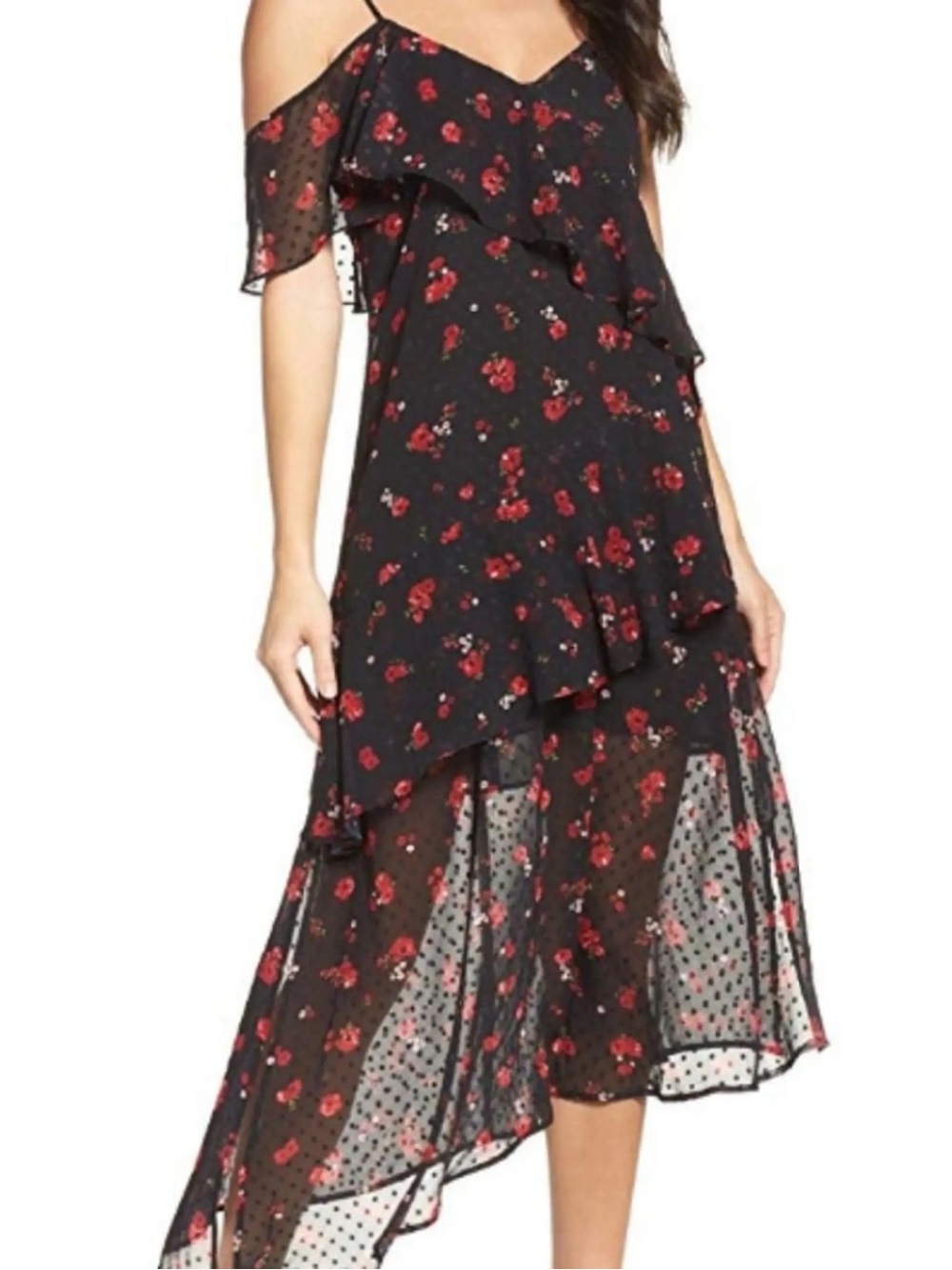 Bardot Black Red Floral Ruffle Asymmetrical Swiss Dot Embroidered Midi Dress